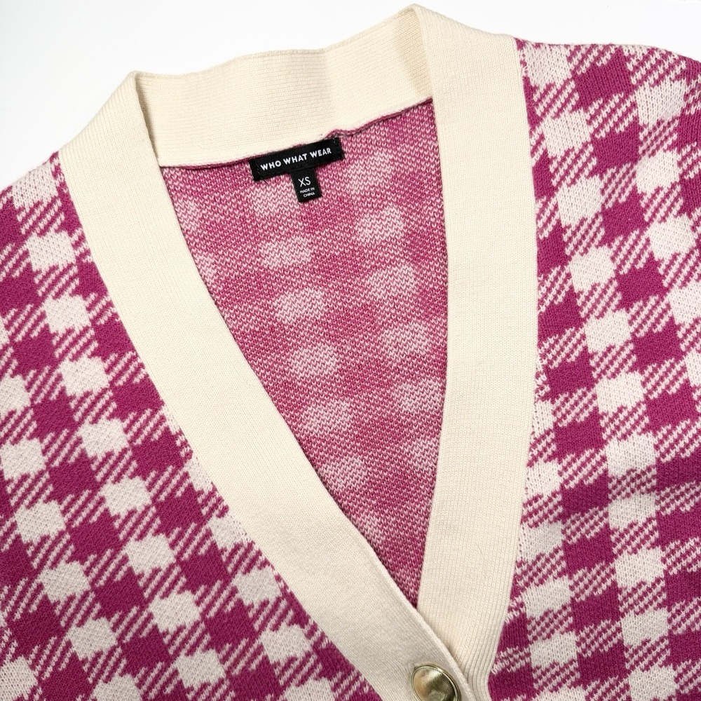 Who What Wear Women's Pink & Ivory Checked Cardigan Sweater XS Classic Old Money - Picture 4 of 10